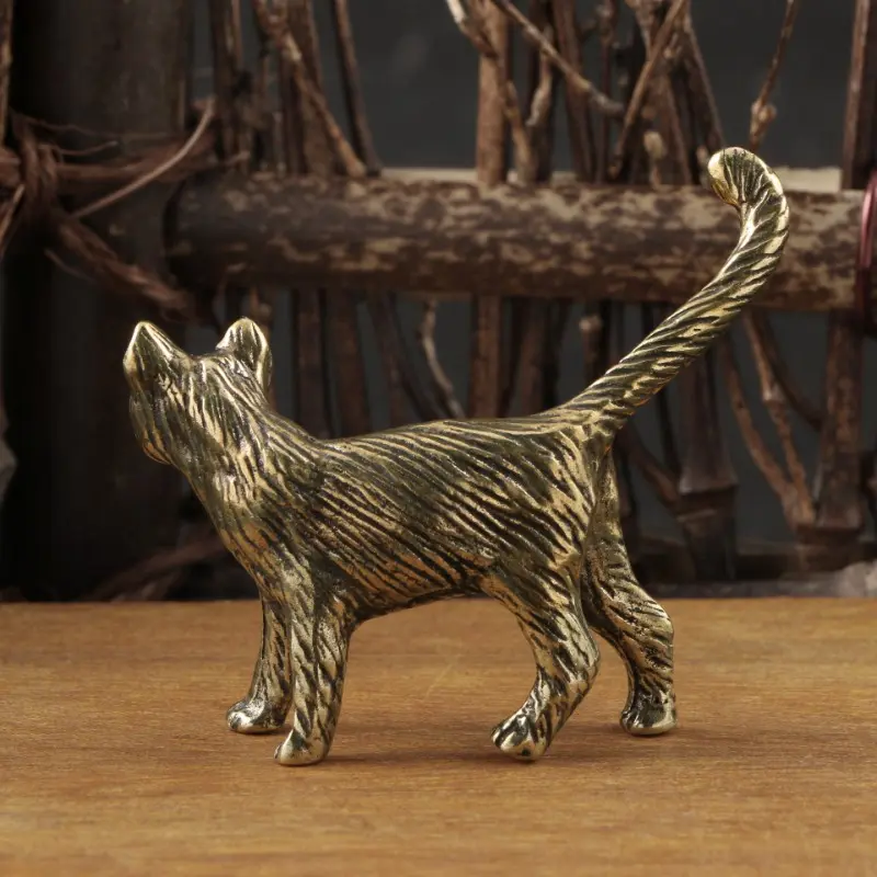 Creative Retro Brass Little Pet Cat Statue Interesting Mini Long-Tailed Cat Tabletop Ornament Miniature Home Decor Crafts Gift