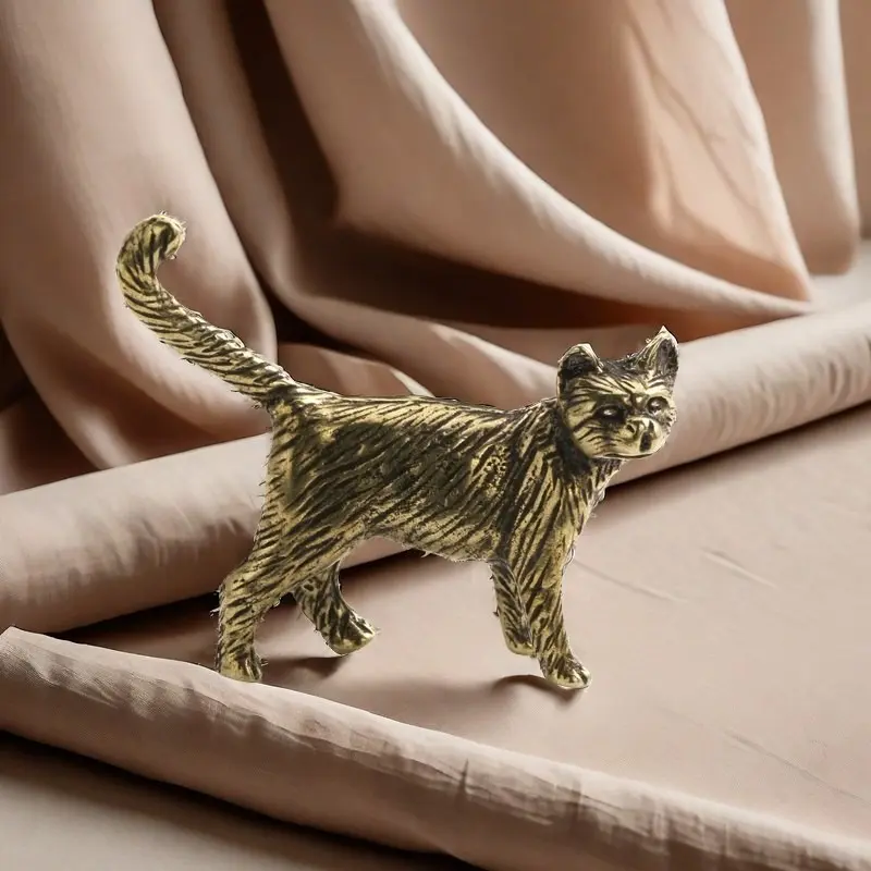 Creative Retro Brass Little Pet Cat Statue Interesting Mini Long-Tailed Cat Tabletop Ornament Miniature Home Decor Crafts Gift