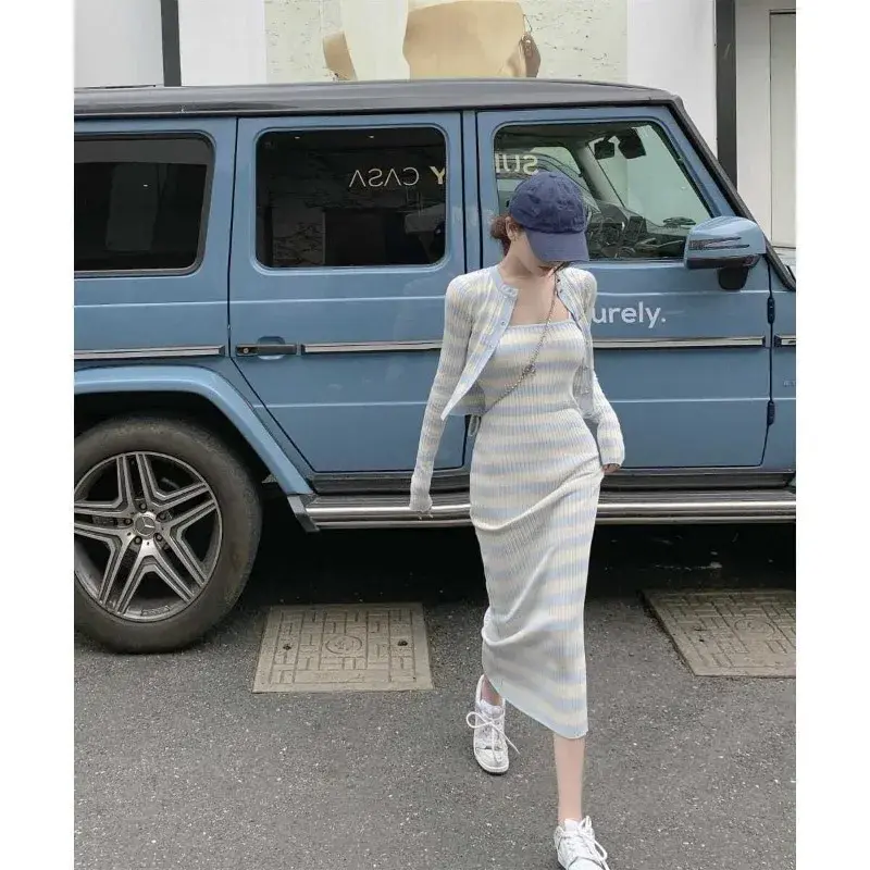 Women's Skirt Sets Contrast Stripe O-Neck Cardigan+Waist Wrap Hip Suspended Dress Gentle Gentle Knitted Two Piece Lady's Clothes