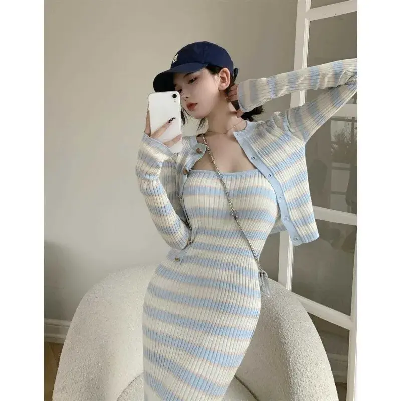 Women's Skirt Sets Contrast Stripe O-Neck Cardigan+Waist Wrap Hip Suspended Dress Gentle Gentle Knitted Two Piece Lady's Clothes