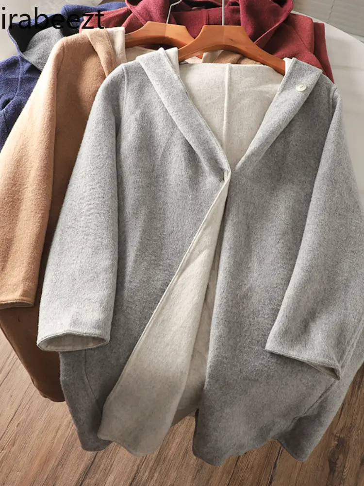 Winter Pure Color Simple Women's Loose Casual Hooded Long Woolen Coat Chamarras Para Mujer Jackets for Women 2024