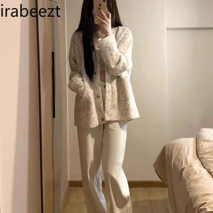 2024 New Autumn and Winter Loose Fit Cardigan Soft Waxy Casual Coat Women Slouchy Design Feeling Knitted Sweater Top