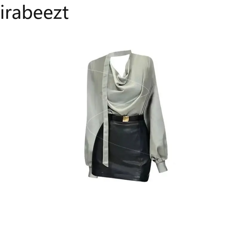 High-end Satin Long-sleeved Shirt Female 2025 Spring and Summer Style Hip-wrapped Half-length Leather Skirt Two-piece Suit