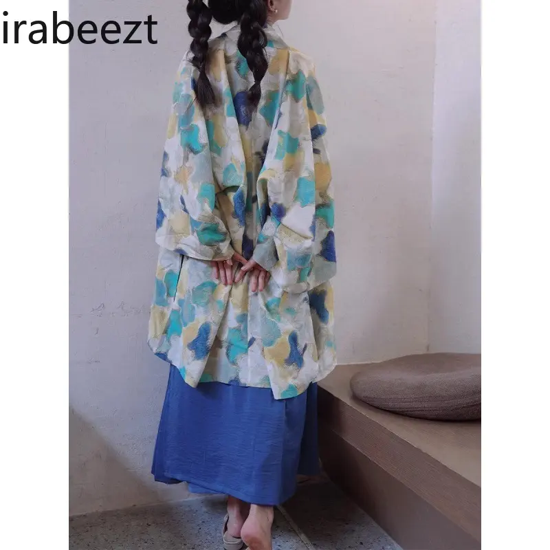 New Chinese Style Loose Plus Size Women's Top Floral Print Wide Sleeve Hanfu Cardigan Elegant Boho Blouse Casual Vintage Tunic