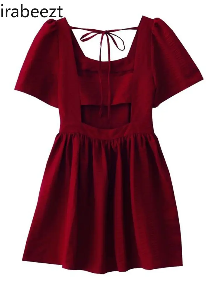 Niche design sense hollow lace pleated bubble sleeve dress female French temperamentA-line short vintage dress