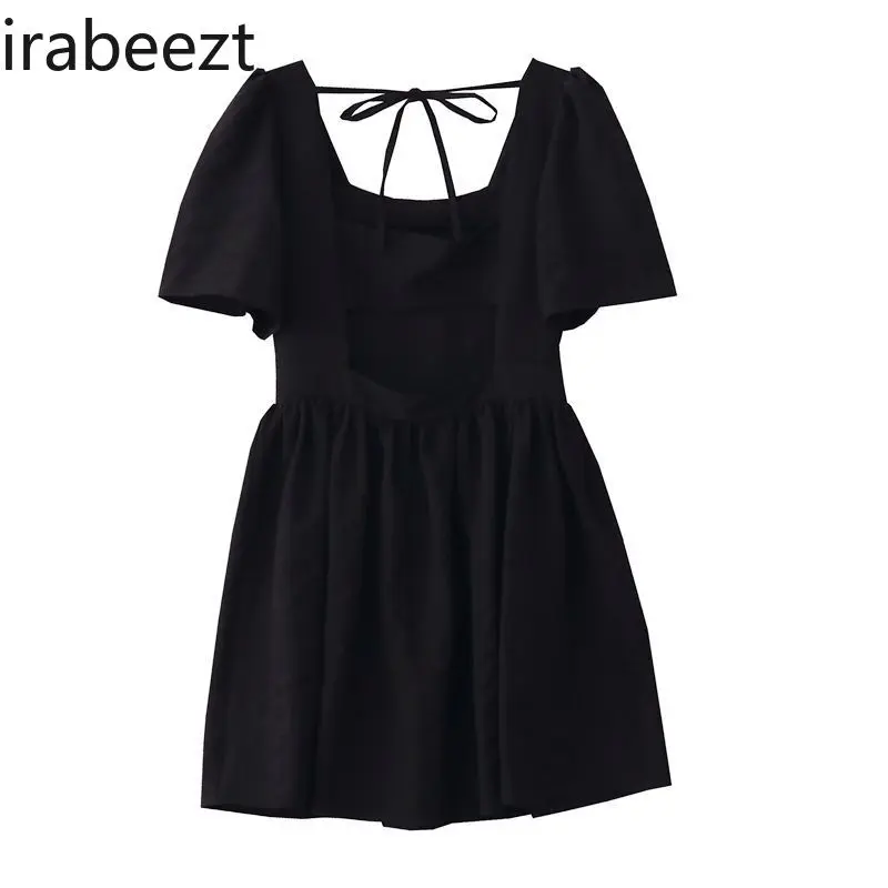 Niche design sense hollow lace pleated bubble sleeve dress female French temperamentA-line short vintage dress