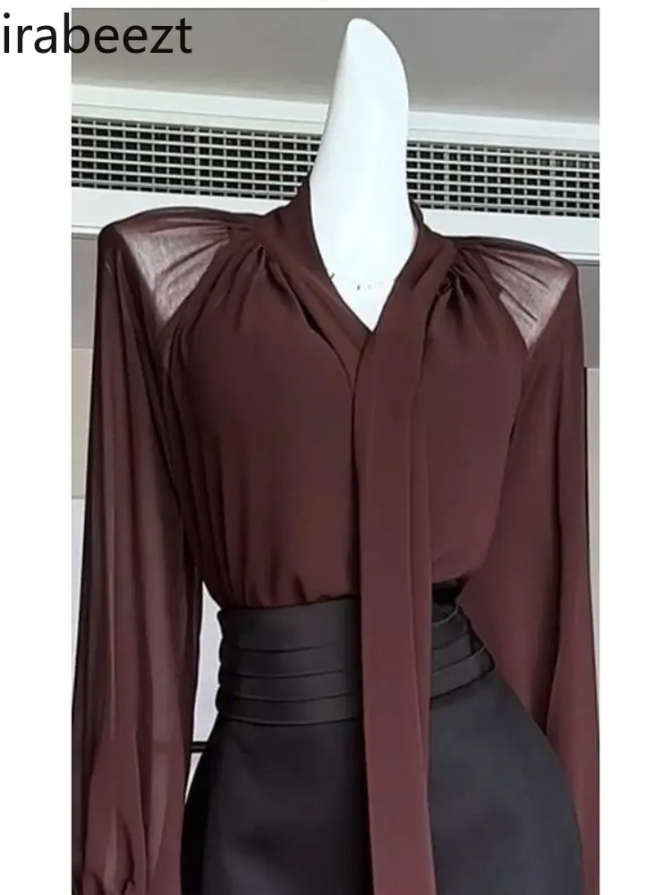 Burgundy Lace-up Shirt Black Half Skirt Two Pieces of Suits Conjuntos Mujer Dos Piezas De Vestir Roupas Femininas Conjuntos