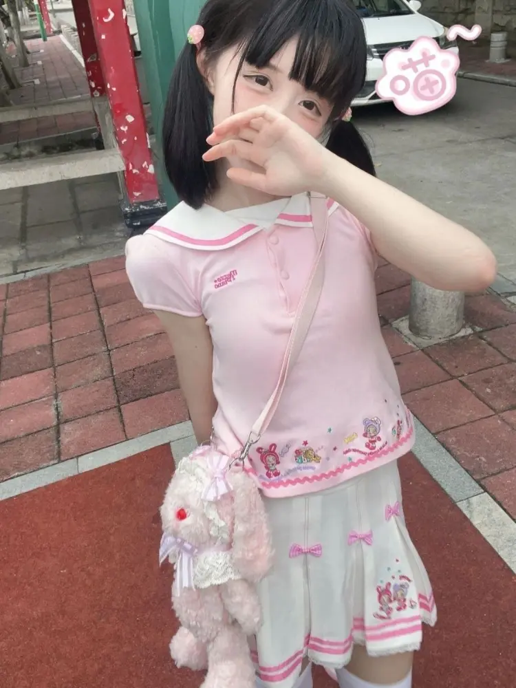 Millennium Pink Navy Collar Embroidered Tops Secondary Yabi Cute Daughter Clothes Pleated Skirt Suit Soft Girl