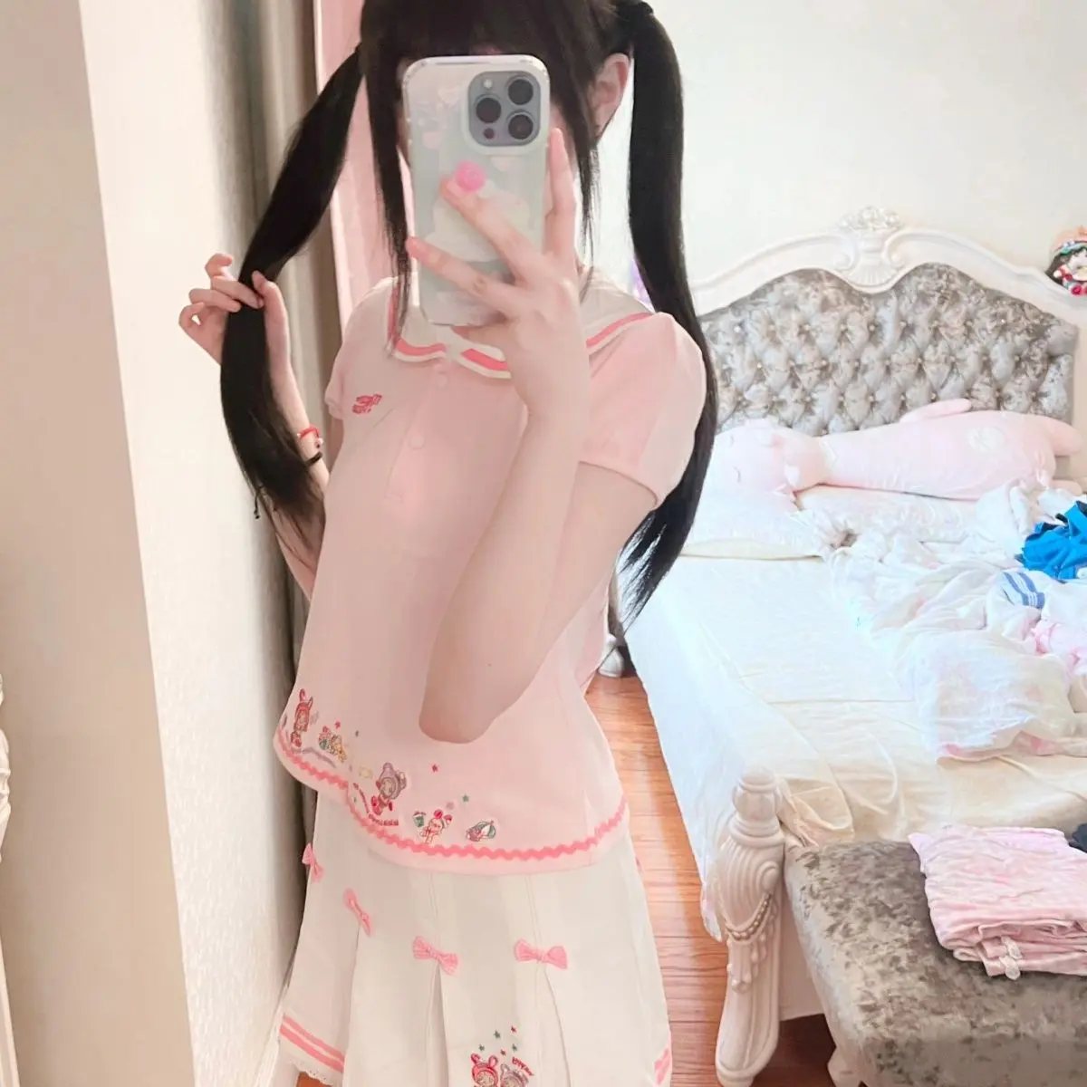 Millennium Pink Navy Collar Embroidered Tops Secondary Yabi Cute Daughter Clothes Pleated Skirt Suit Soft Girl