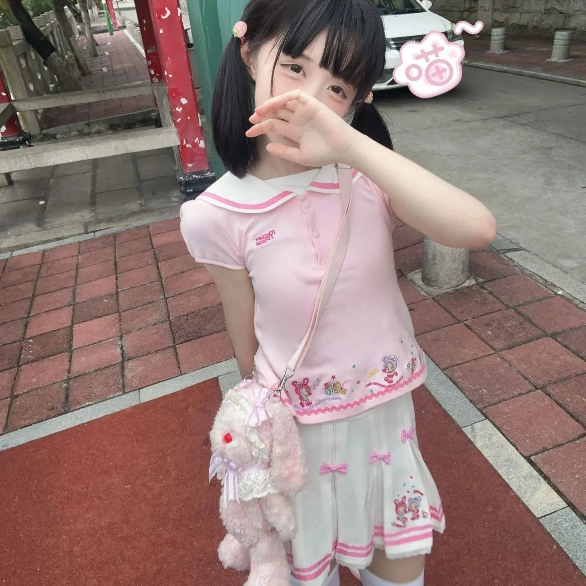 Millennium Pink Navy Collar Embroidered Tops Secondary Yabi Cute Daughter Clothes Pleated Skirt Suit Soft Girl