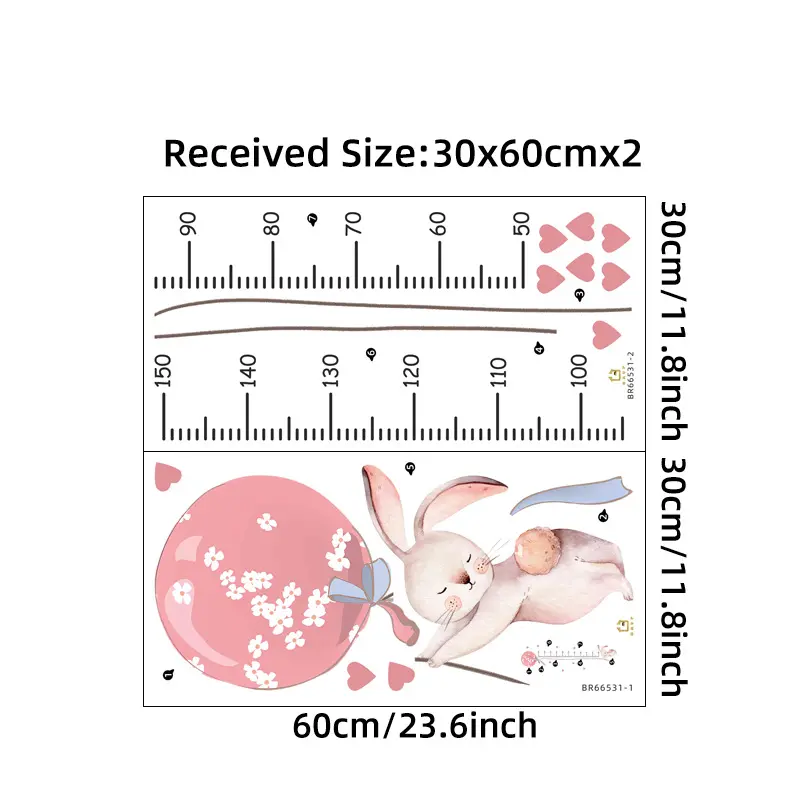 2Pcs Cartoon Cute Pink Rabbit Balloon Height Measurement Wall Stickers for Kids Room Bedroom Home Decoration Wall Decals