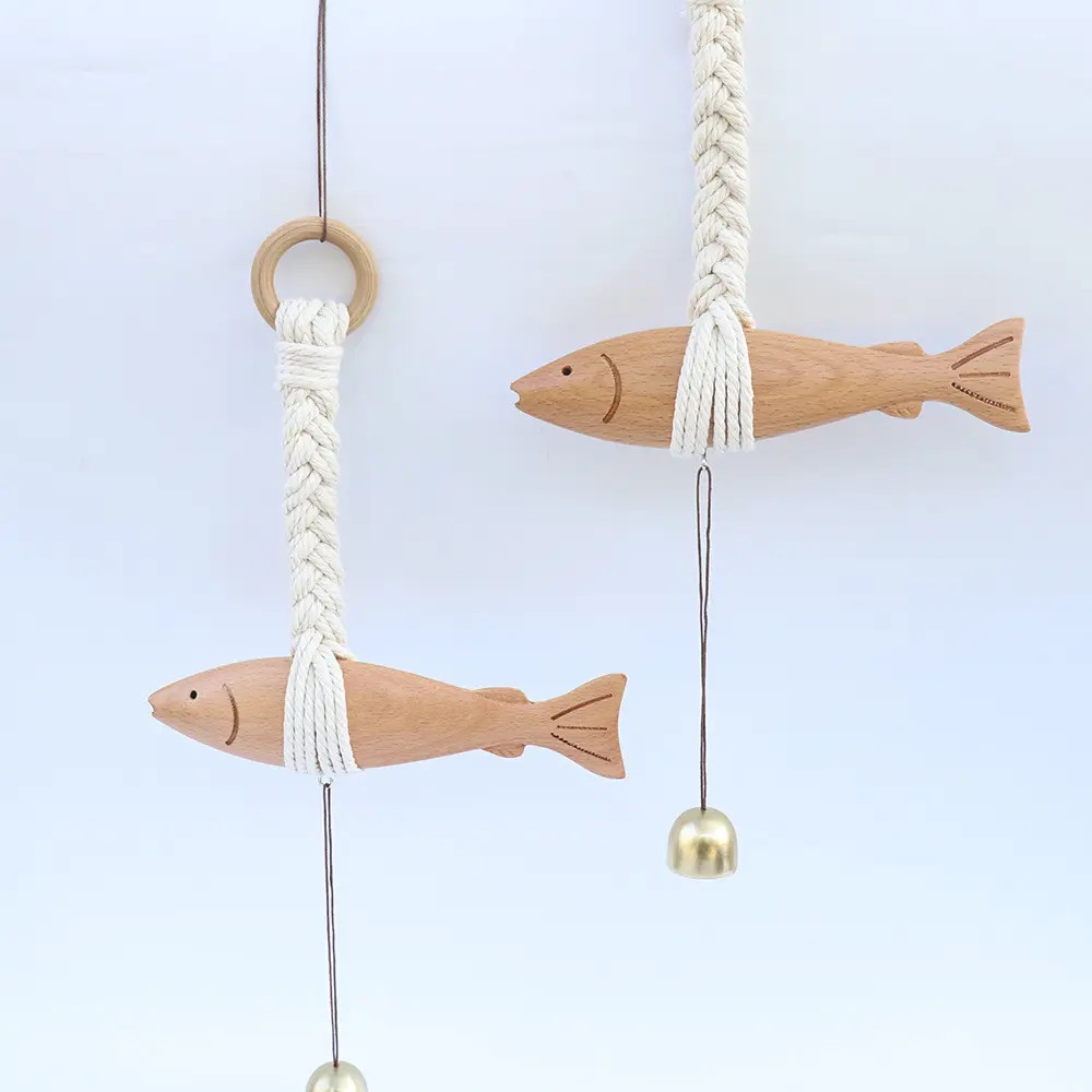 Creative Wooden Fish Car Ornament with Bell Ultra-thin Pollack Door Pendant Hangable Fish Wall Art Home Decor