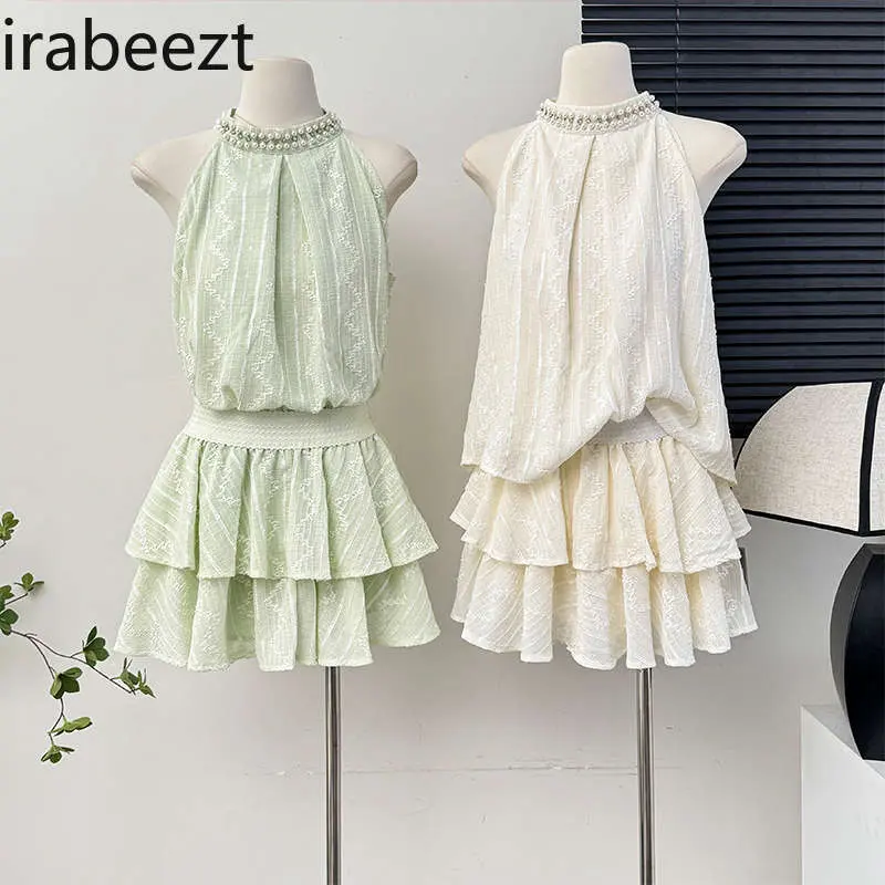 Beaded Halterneck Off-shoulder Jacquard Shirt for Women Summer Ruffled Pleated Loose Layered Cake Shaped Skirt Suit