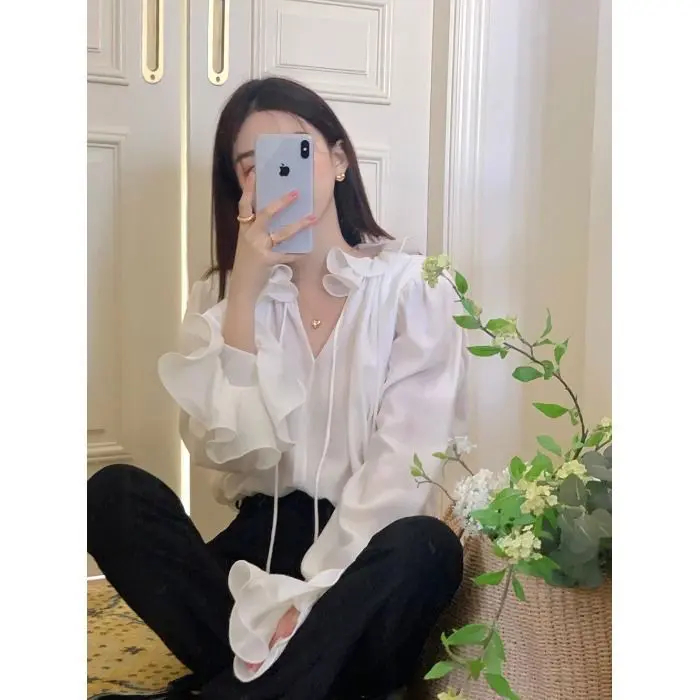 French V-neck Blouse for Women Blusa Tule Transparente Womens Tops Camisa Mujer Estampado Vintage Retro Regulai Fit Blouse