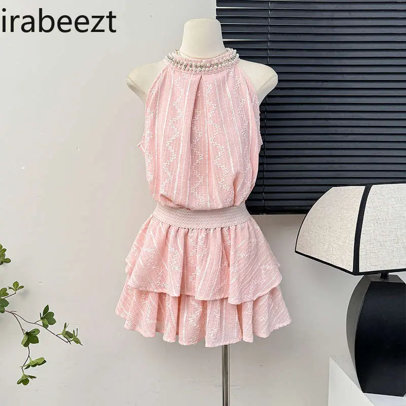 Beaded Halterneck Off-shoulder Jacquard Shirt for Women Summer Ruffled Pleated Loose Layered Cake Shaped Skirt Suit