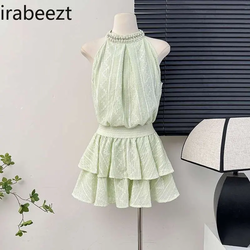 Beaded Halterneck Off-shoulder Jacquard Shirt for Women Summer Ruffled Pleated Loose Layered Cake Shaped Skirt Suit