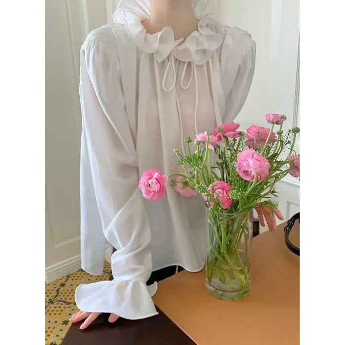 French V-neck Blouse for Women Blusa Tule Transparente Womens Tops Camisa Mujer Estampado Vintage Retro Regulai Fit Blouse
