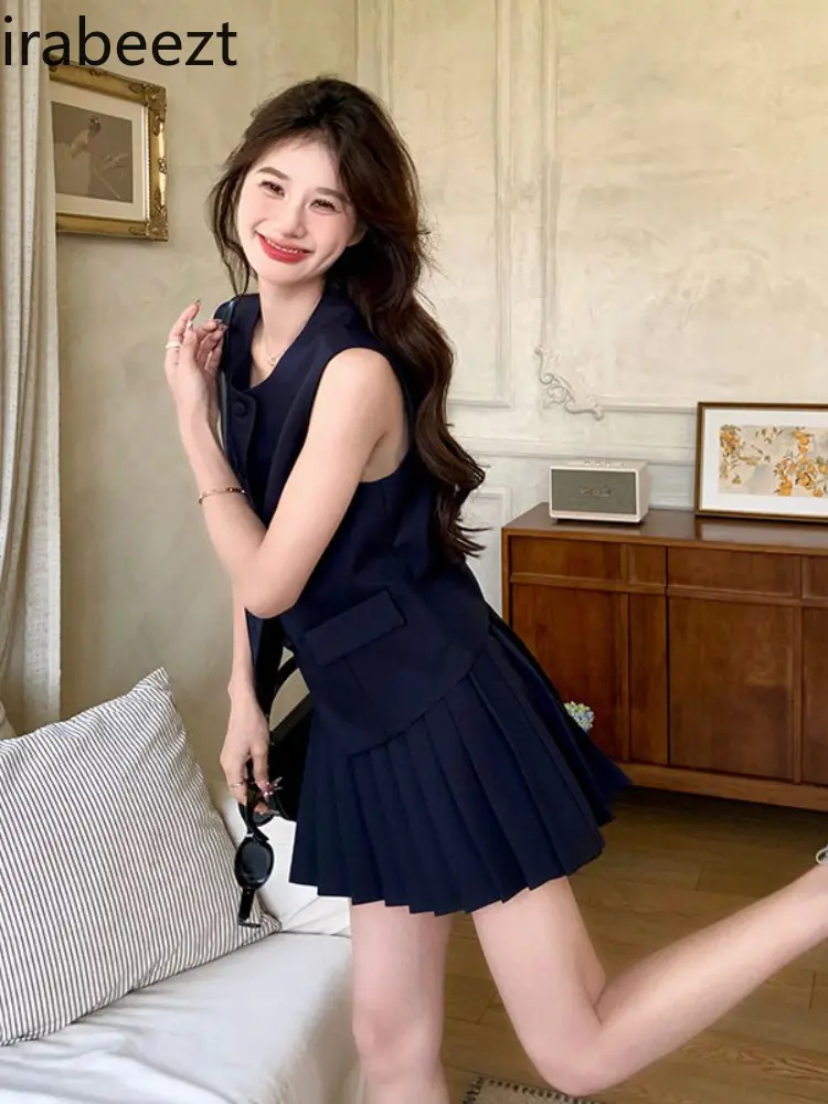 Short A-line Pleated Skirt Pants Women Summer New Style College Style Vest Suit Skirt Two-piece Suit Trajes Formales De Mujer