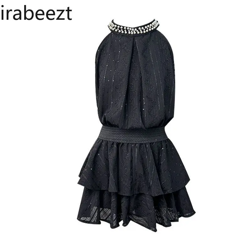 Beaded Halterneck Off-shoulder Jacquard Shirt for Women Summer Ruffled Pleated Loose Layered Cake Shaped Skirt Suit