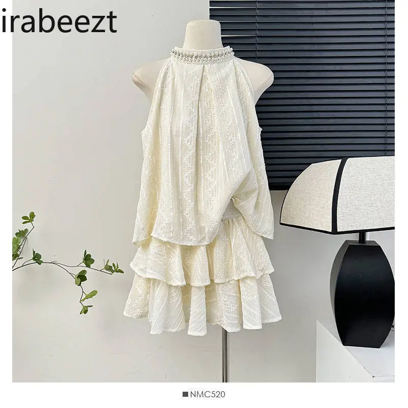 Beaded Halterneck Off-shoulder Jacquard Shirt for Women Summer Ruffled Pleated Loose Layered Cake Shaped Skirt Suit