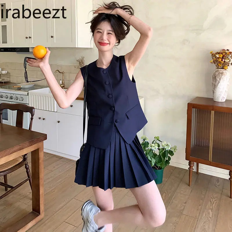Short A-line Pleated Skirt Pants Women Summer New Style College Style Vest Suit Skirt Two-piece Suit Trajes Formales De Mujer