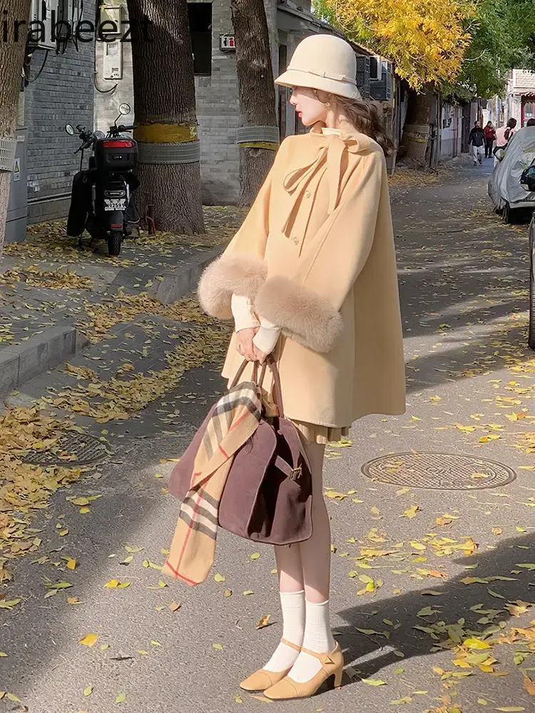 French Retro Elegant Bow Cape Wool Coat 2024 Winter New High-end Sense of Small Tweed Jacket Casacas Para Mujer