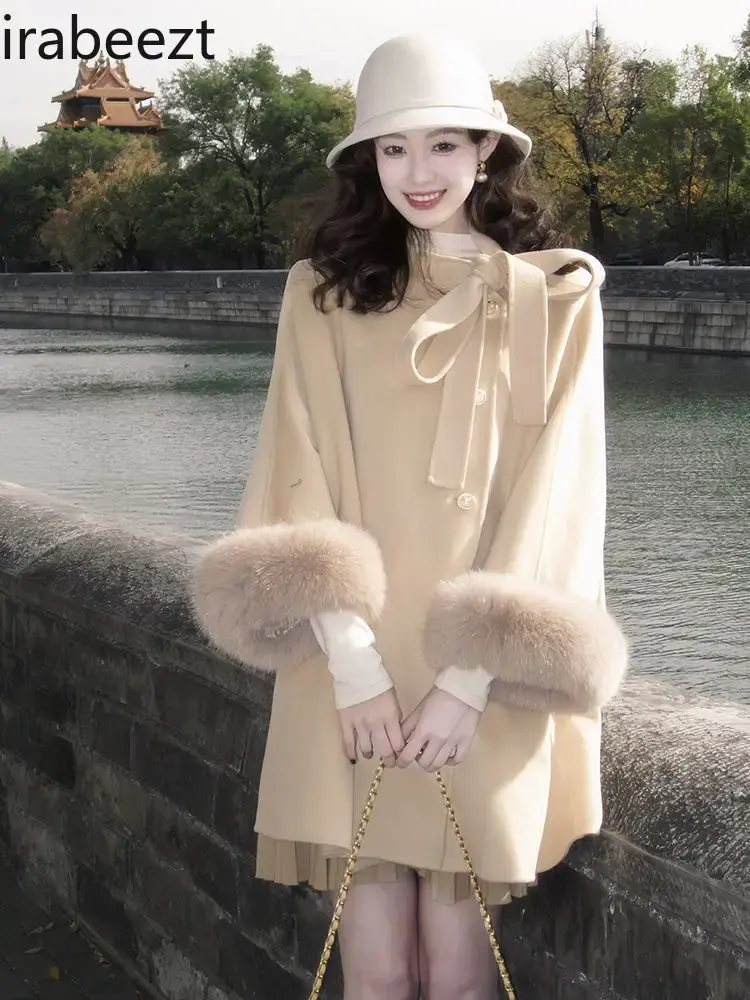 French Retro Elegant Bow Cape Wool Coat 2024 Winter New High-end Sense of Small Tweed Jacket Casacas Para Mujer