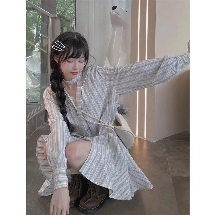 Minority Striped Sweet Shirt Dress Chic Binding Korean Version of White Age-reducing Regulai Fit Vestidos De Mujer