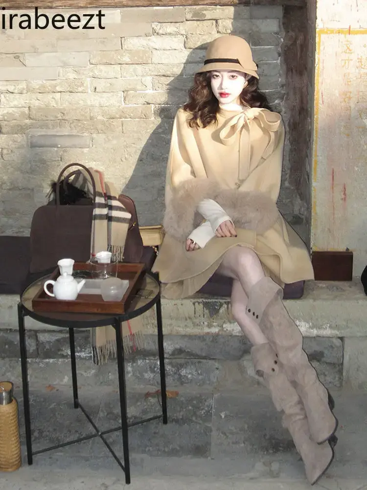 French Retro Elegant Bow Cape Wool Coat 2024 Winter New High-end Sense of Small Tweed Jacket Casacas Para Mujer