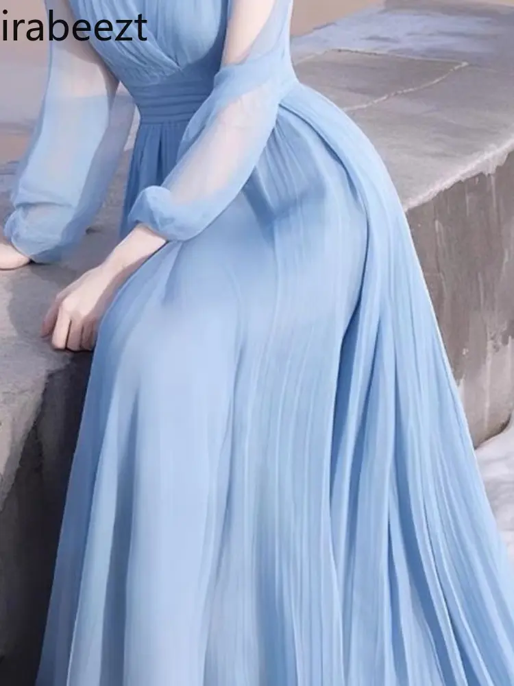 Spring Wear High-end Delicate Light Luxury High-grade Dignified Atmosphere Gentle Blue Chiffon Dress Women Clothing