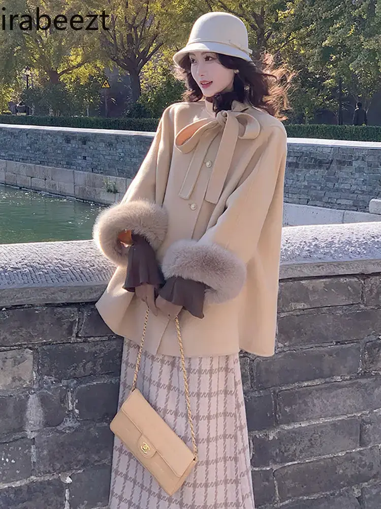 French Retro Elegant Bow Cape Wool Coat 2024 Winter New High-end Sense of Small Tweed Jacket Casacas Para Mujer
