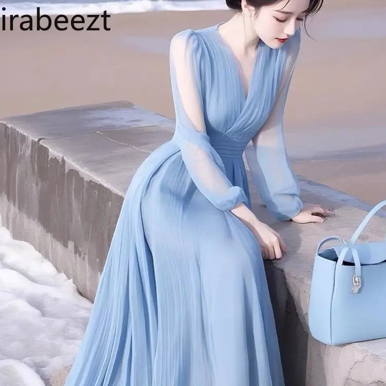 Spring Wear High-end Delicate Light Luxury High-grade Dignified Atmosphere Gentle Blue Chiffon Dress Women Clothing