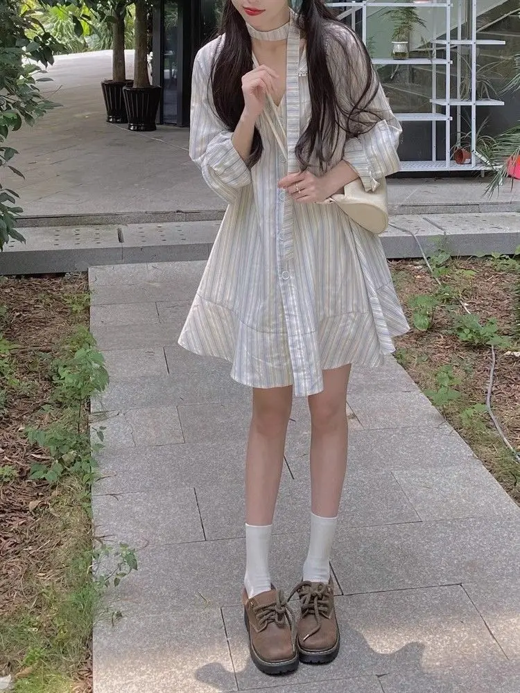 Minority Striped Sweet Shirt Dress Chic Binding Korean Version of White Age-reducing Regulai Fit Vestidos De Mujer