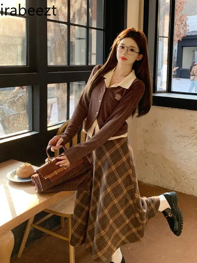 Big Size Women Spring New Fake Two Tops Skirt Long Plaid Style Retro Two-piece Set Casual Roupas Femininas Conjuntos