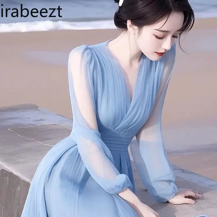Spring Wear High-end Delicate Light Luxury High-grade Dignified Atmosphere Gentle Blue Chiffon Dress Women Clothing