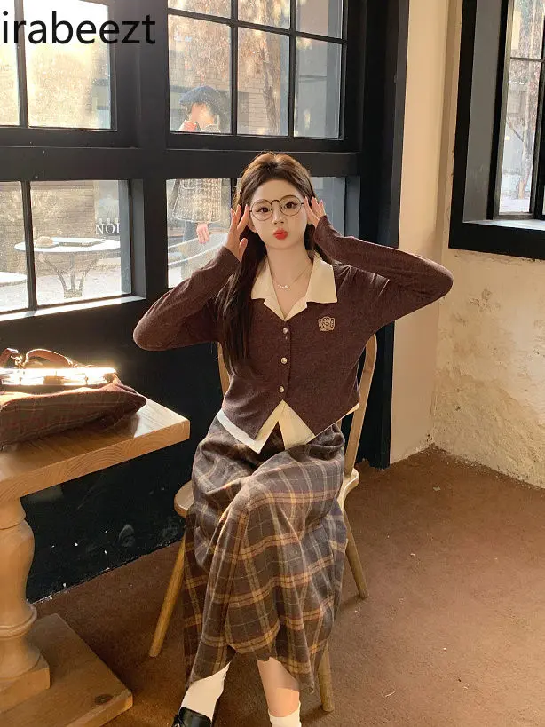 Big Size Women Spring New Fake Two Tops Skirt Long Plaid Style Retro Two-piece Set Casual Roupas Femininas Conjuntos