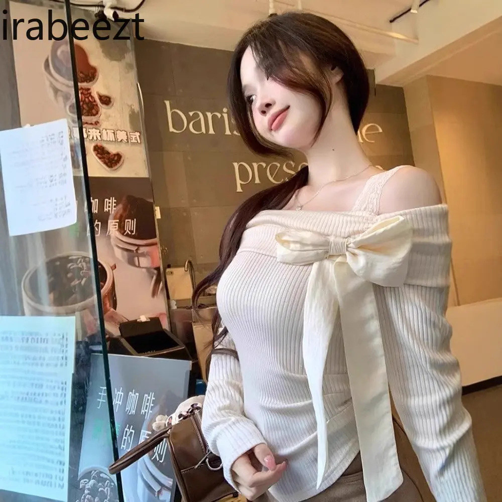 One-shoulder Pure Lust Pink Knitted Bottoming Shirt for Women Spring Beautiful Bow Off-shoulder Inner Short Sweet Girl Top
