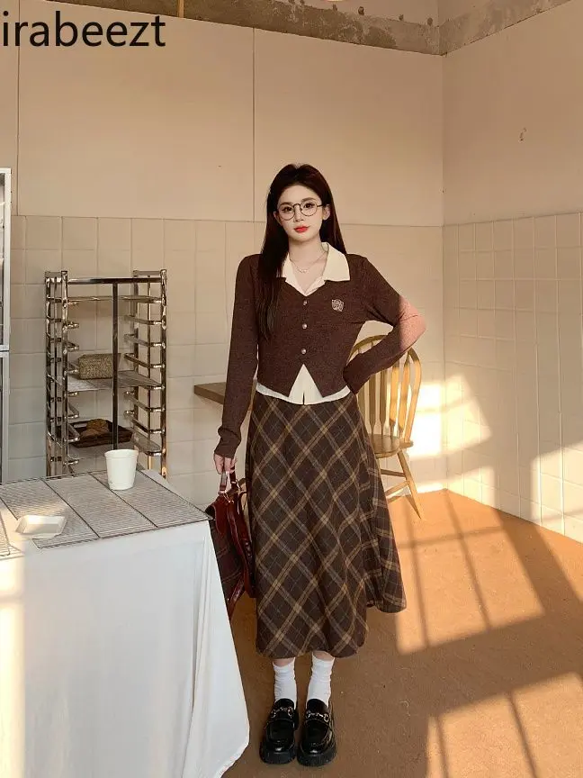 Big Size Women Spring New Fake Two Tops Skirt Long Plaid Style Retro Two-piece Set Casual Roupas Femininas Conjuntos