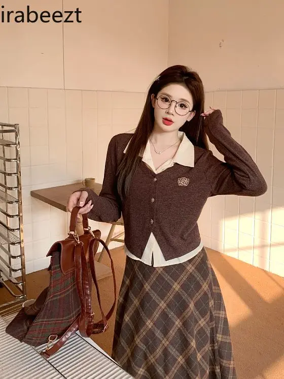 Big Size Women Spring New Fake Two Tops Skirt Long Plaid Style Retro Two-piece Set Casual Roupas Femininas Conjuntos