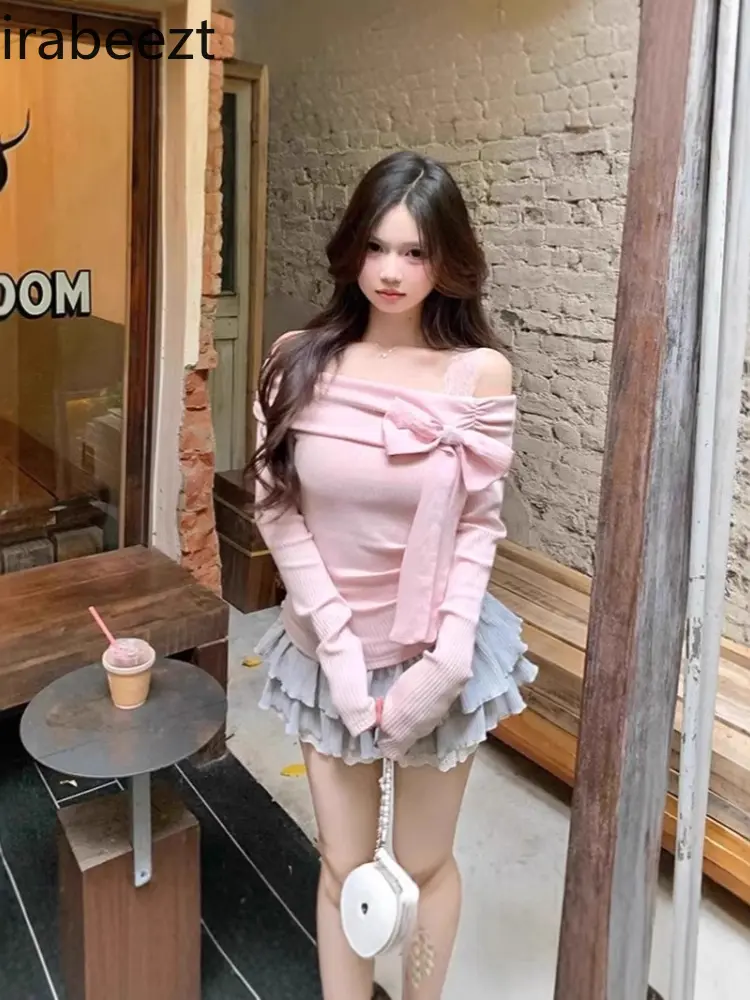 One-shoulder Pure Lust Pink Knitted Bottoming Shirt for Women Spring Beautiful Bow Off-shoulder Inner Short Sweet Girl Top