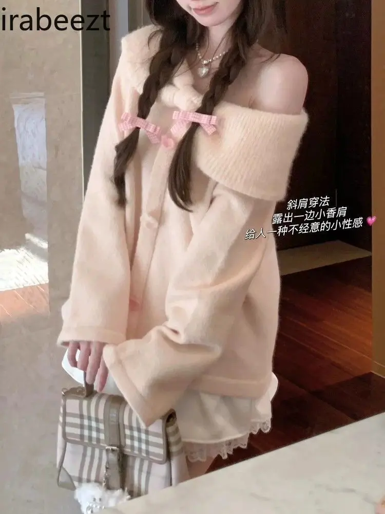 Early Autumn Korean Wear with Sweet Glutinous Sweater Knitted Coat Women Slouchy Senior Sense 2024 New Bow Top