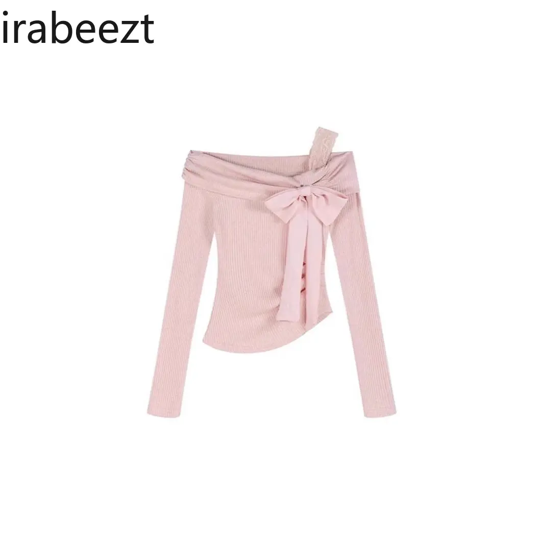 One-shoulder Pure Lust Pink Knitted Bottoming Shirt for Women Spring Beautiful Bow Off-shoulder Inner Short Sweet Girl Top