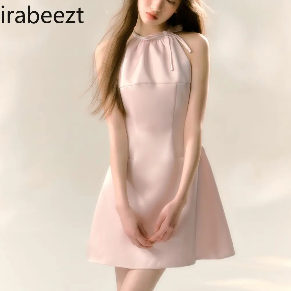 Fresh Temperament Casual Pink Strappy Dress French Sleeveless Waist Short A-line Vestidos De Noche Juveniles Sexy Dress
