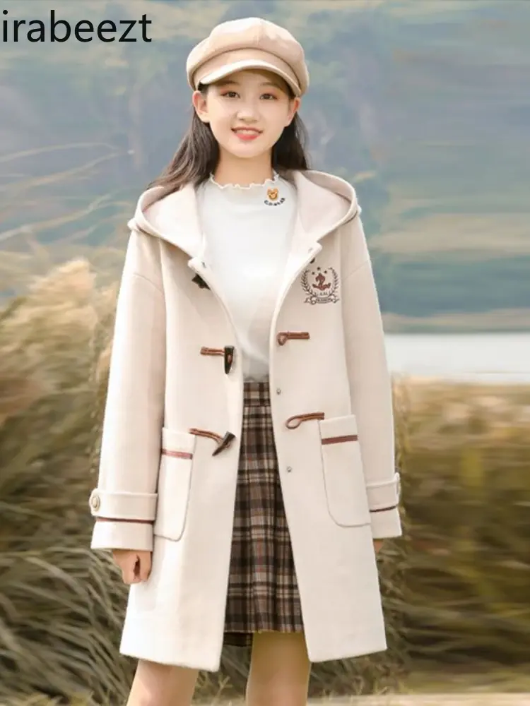 Girls' Middle School Students' Winter Coat Korean Version Thickened Woolen Coat Collegiate Style Winter Jacket Women