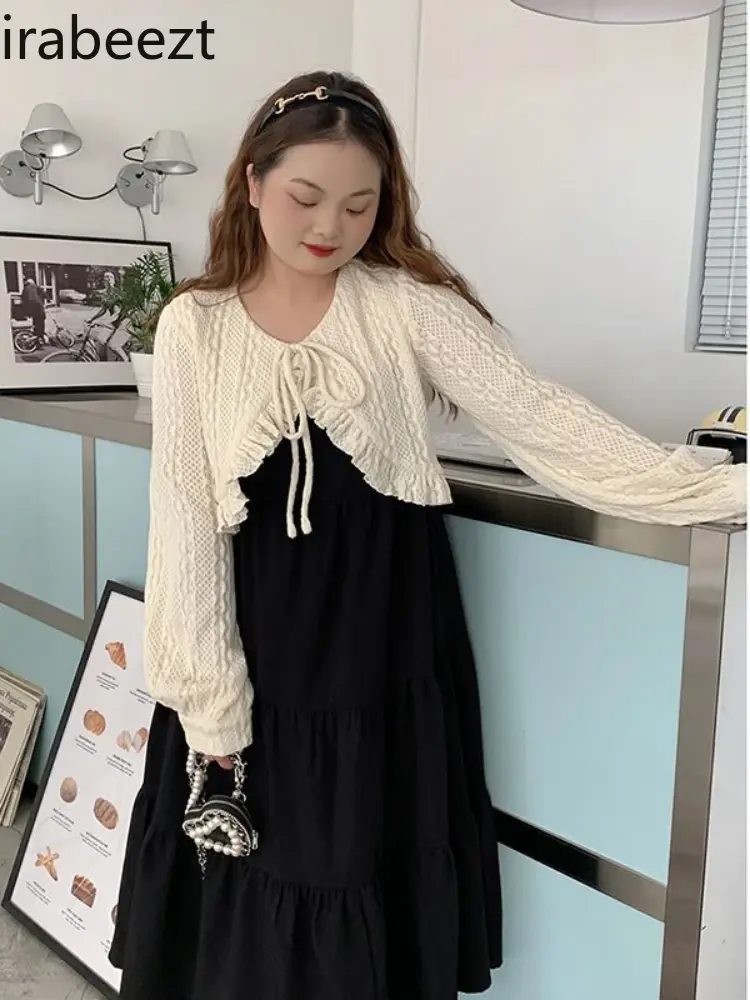 Gentle Large Size Set Women's Twisted Flower Shawl Sweater Halter Black Dress Two-piece Set Ensemble Femme 2 Pièces