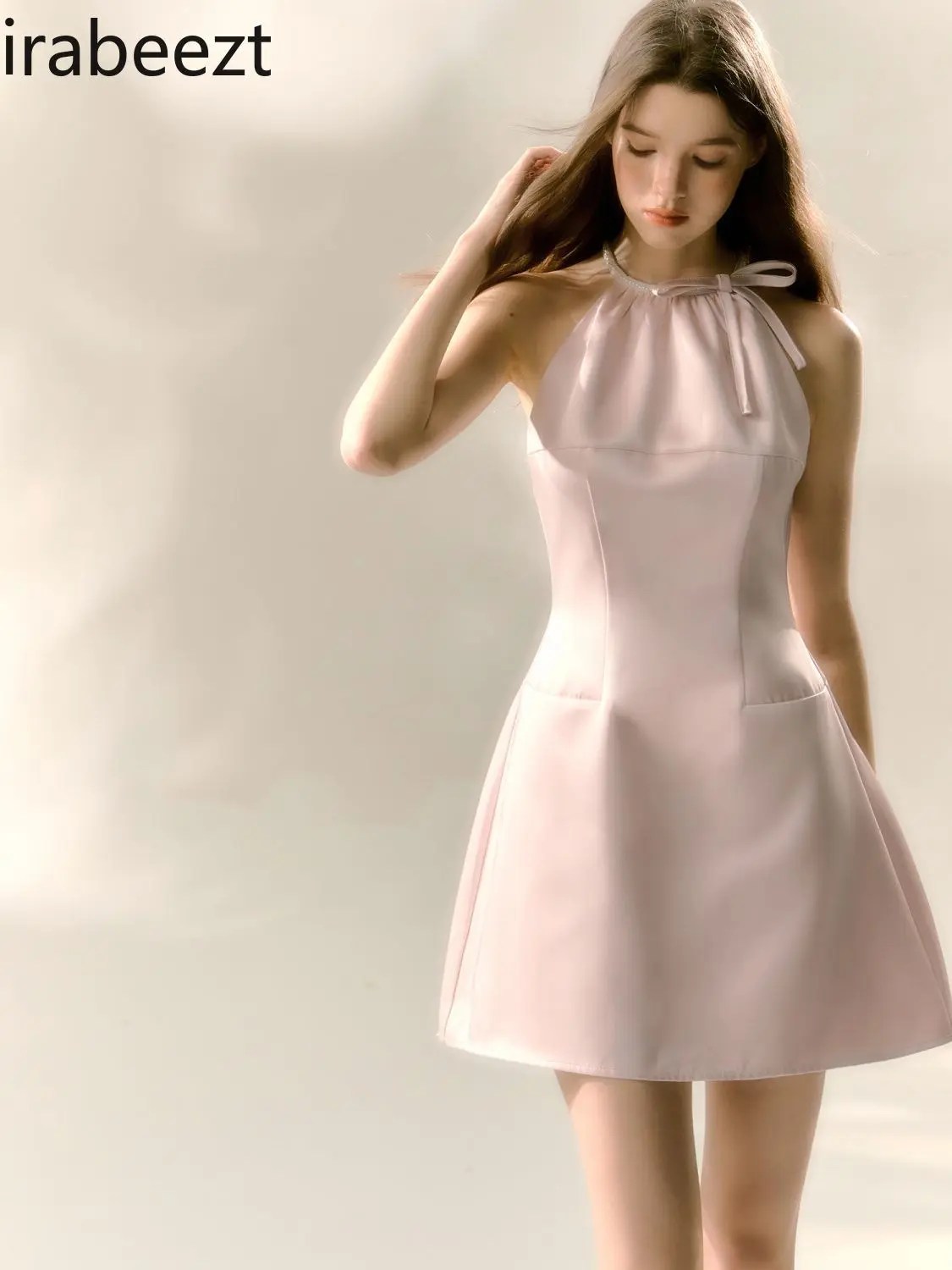 Fresh Temperament Casual Pink Strappy Dress French Sleeveless Waist Short A-line Vestidos De Noche Juveniles Sexy Dress