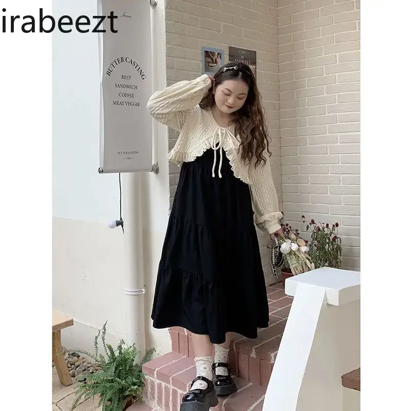 Gentle Large Size Set Women's Twisted Flower Shawl Sweater Halter Black Dress Two-piece Set Ensemble Femme 2 Pièces
