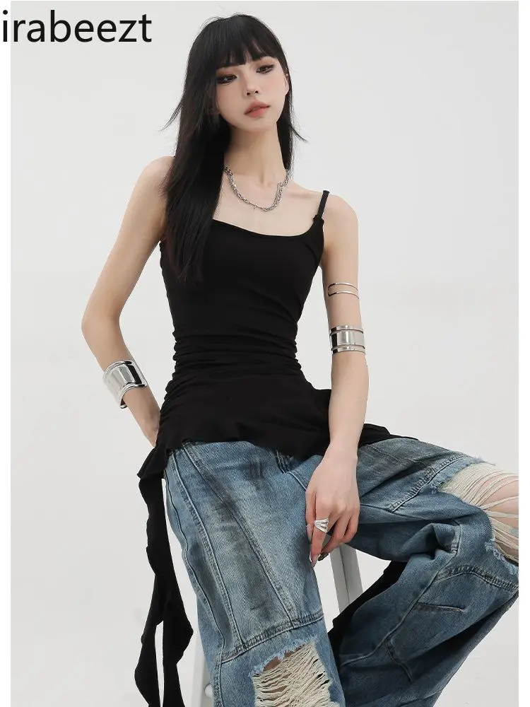 Asymmetrical Streamer Halter Solid Color Tank Top Slim Spice Sweet Cool Ruffled Design All-matching Base Blouse Lady