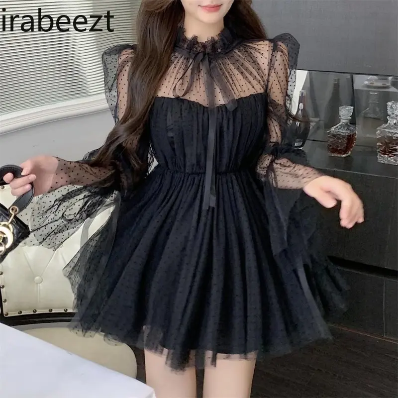 Women's Dresses Stand Collar Dot Gauze Spliced Bubble Sleeve Waist Retraction Dress Sweet Gentle Short Ball Gown Ladies Clothing