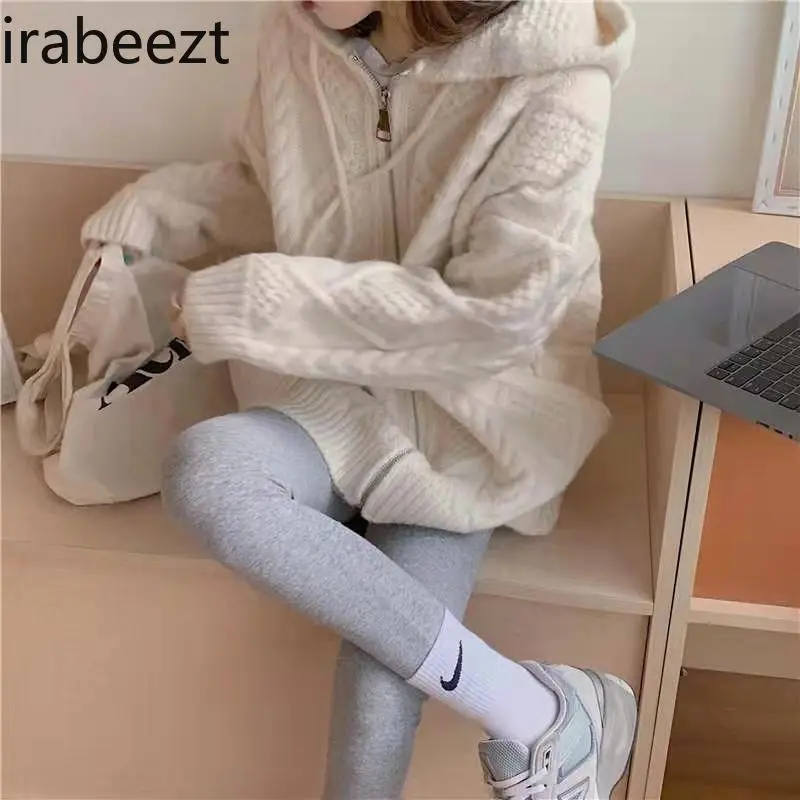 Casaco Feminino Twist Sweater Woman Spring and Autumn 2024 New Korean Version of Retro Loose Fit Wear Hooded Cardigan Coat